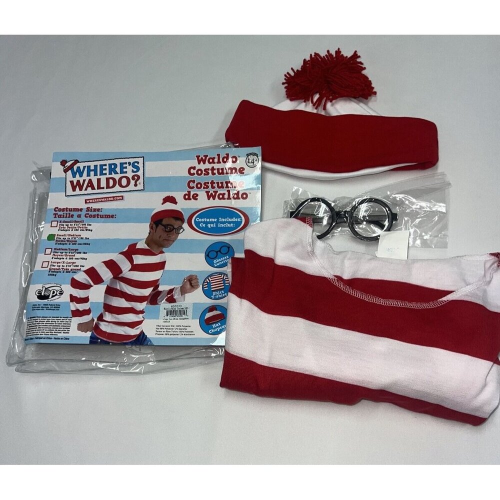 Where's Waldo Halloween Costume Adult Small Medium Shirt Hat Glasses Mens Elope